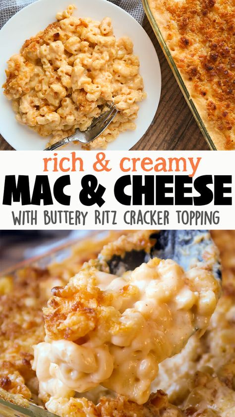 Creamy, cheesy, rich and indulgent! YUM! ?This extra Creamy Mac and Cheese is made with a blend of four cheeses & topped with Ritz Crackers and butter, then baked for a buttery crispy crust! Perfect as a side dish for the holidays, special occasions, or a weeknight splurge! Click ?for the full detailed recipe and video! #macaroni #macandcheese #macaroniandcheese #sidedish #holidayrecipes #thanksgivingrecipes Ritz Mac And Cheese, Mac And Cheese Recipe With Ritz Crackers, Mac And Cheese With Ritz Cracker Topping, Ritz Cracker Mac And Cheese, Ritz Cracker Crust, Macncheese Recipe, Creamy Baked Mac And Cheese, Ritz Cracker Topping, 2023 Thanksgiving