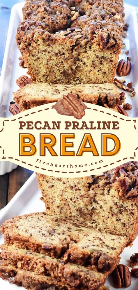 Pecan Praline Bread, christmas brunch, sweet breakfast ideas Pecan Praline Scones, Easy Pecan Bread, Sweet Breakfast Bread Recipes, Pineapple Praline Bread, Pecan Raisin Bread, Pecan Pie Loaf, Pecan Nut Recipes, Lemon Pecan Bread, Loaf Bread Recipes Desserts