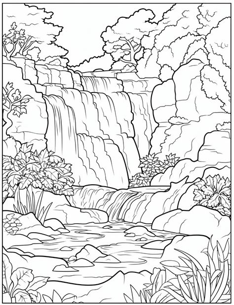 Waterfall Coloring Pages, Country Coloring Pages, Scenery Coloring Pages, Nature Coloring Pages, Waterfall Drawing, Coloring Pages Nature, Garden Coloring Pages, Farm Animal Coloring Pages, Detailed Coloring Pages