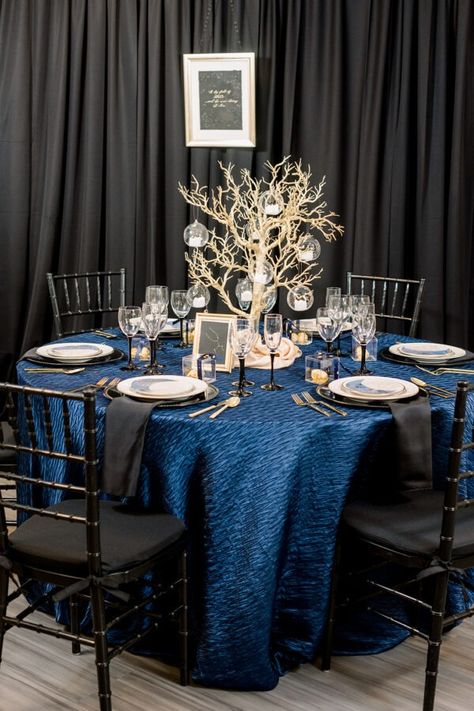 Showroom Spotlight | Lisa Norris Events | A Classic Party Rental Prom Themes Starry Night, Quinceñera Ideas, Weird Wedding, Starry Night Prom, Moonlight Wedding, Celestial Wedding Theme, Night Weddings, Blue Quinceanera, Blue Sweet 16