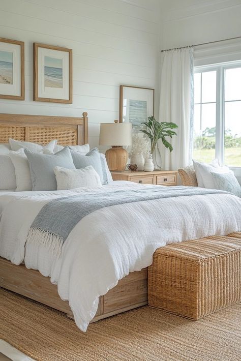 29 Coast Chic Bedrooms to Infuse Your Space with Coastal Elegance 4 Beach Master Bed, Cosy Coastal Bedroom, Beach Bedroom Ideas Coastal Style Interior Design, Costal Guest Bedrooms, Beach Farmhouse Decor Coastal Style Master Bedrooms, Costal Boho Bedrooms, Cottage Modern Bedroom, Beachy Modern Bedroom, Christina On The Coast Bedroom