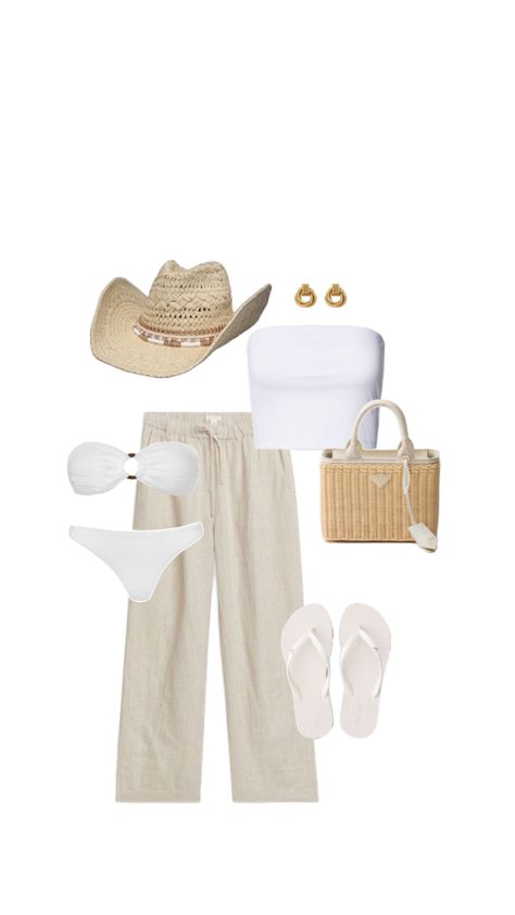 Beach day outfit idea - tan cowgirl hat, white bandeau top, white bandeau bikini set, cream linen trousers, white flip flops, gold earrings, wicker bag Capsule Wardrobe Black, Pool Day Outfit, Outfit Inspo Simple, Outfit Capsule Wardrobe, Outfit Capsule, Pool Outfit, Beach Day Outfit, Holiday Bags, Black Ootd