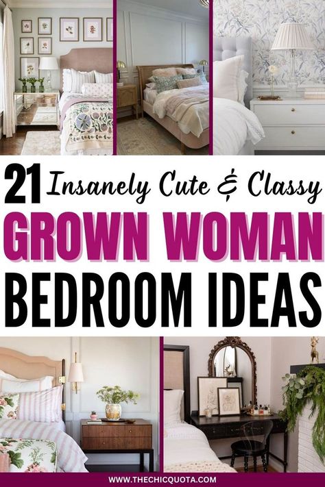 grown woman bedroom ideas Simple Room Ideas For Women, Feminine Bedroom Furniture, Moms Bedroom Ideas Single, Older Woman Bedroom Ideas, Bedroom Inspirations Single Woman, Grown Women Bedroom Decor, Twenty Year Old Bedroom Ideas, Women Apartment Bedroom Ideas, Beautiful Feminine Bedrooms