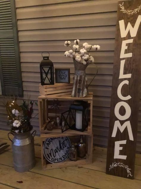 Crates On Front Porch, Wooden Crate Porch Decor, Crate Front Porch Decor, Farmhouse Crate Decor, Wood Crate Front Porch Decor, Front Porch Decor With Crates, Front Porch Crate Ideas, Wood Crate Porch Decor, Diy Crates Ideas Decoration