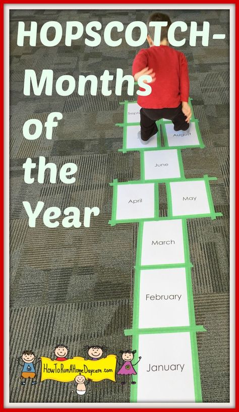 Great way to practice the months of the year and get the kids moving!  We drew pictures on each month to help the children remember the events/holidays/weather. Learning The Calendar Activities, Months Of The Year Activities Kindergarten, Months Of The Year Preschool Activities, Months Of The Year Game, How To Teach Months Of The Year, Months Of The Year Printables Free Preschool, Learning Months Of The Year, Calendar Activities For Kids, Months Of The Year Activities