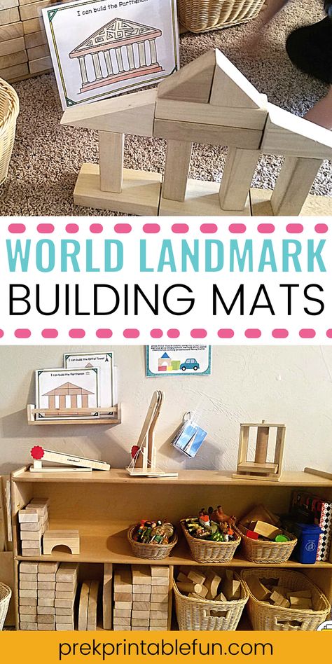 This Landmarks Around the World encourages children to create new and interesting structures; promoting problem-solving and an interest in the world they live in. The block center provides many learning opportunities for preschoolers. In this center they are learning essential math skills, using their imagination, scientific reasoning, teamwork, motor skill development and more Building Blocks Center Preschool, Engineer Preschool Activities, Block Center Kindergarten, Preschool Woodworking Center, Block Provocation Ideas, Block And Construction Activities, Block Centers Preschool, Preschool Interest Areas, Preschool Block Center Ideas For Fall