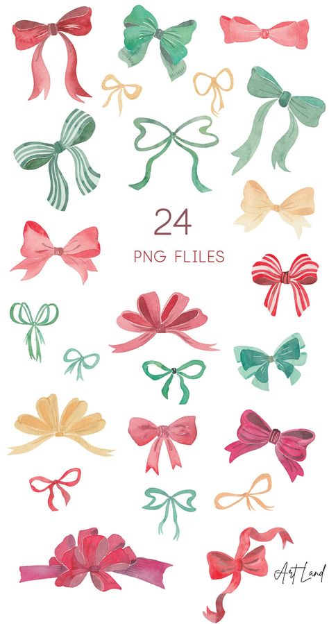 Hand Painted Christmas Flowers, Christmas Bows Drawing, Christmas Ribbon Illustration, Christmas Bow Painting, Watercolor Clipart Vintage, How To Paint A Bow, Christmas Bow Drawing, Christmas Stocking Clipart, Holiday Graphic Design