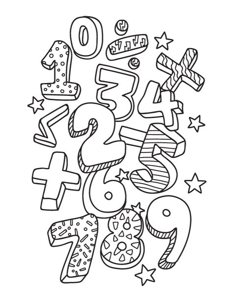 Free printable math coloring page. Download it from https://museprintables.com/download/coloring-page/math/ Math Coloring Page, Notebook Cover Coloring Page, Math Drawing Ideas Cute, Math Doodles Art, Cute Math Doodles, Maths Drawings Ideas, Math Doodle Art Ideas, Math Poster Ideas, Math Cover Page