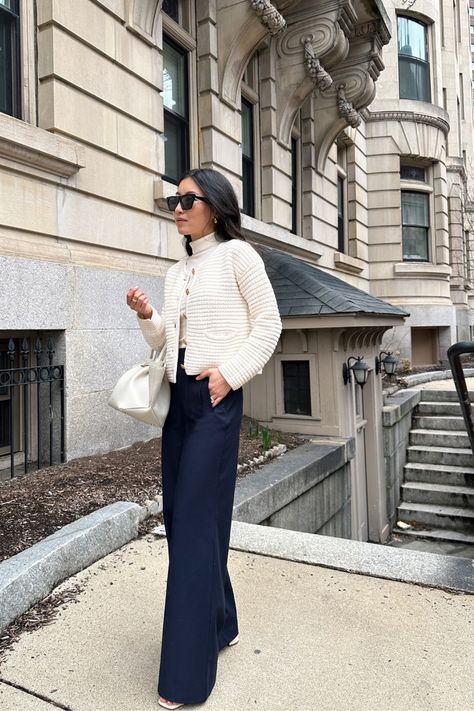 Petite friendly spring transitional outfits Navy Wide Leg Pants, Uniqlo Coat, Spring Workwear, Transitional Outfits, Casual Office Wear, Straight Cut Jeans, Transition Outfits, Petite Outfits, Wide Leg Trousers