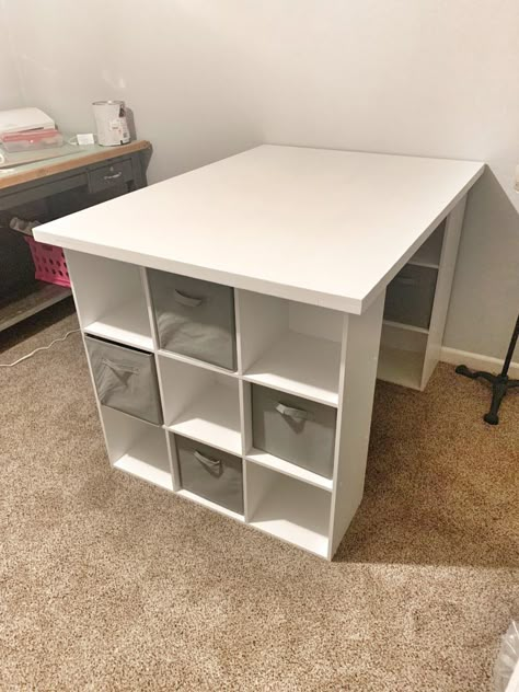 Craft Room Table Diy, Hobby Table Ideas, Craft Desk Diy Small Spaces, Craft Room With Windows, Work Bench Craft Table, Ikea Counter Height Craft Table, Craft Office Ideas Small Spaces, Cube Storage Work Table, Cube Organizer Desk Diy