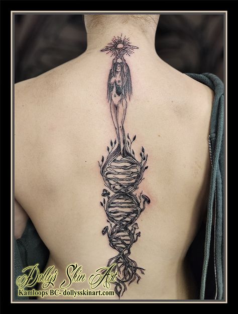 Kiana's nature spine piece - Dolly's Skin Art Tattoo Kamloops BC Spine Tattoos Bones, Dna Spine Tattoo, Dna Tree Tattoo Design, Spine Tattoos Of Spine Bone, Spine Tattoos Vertebrae, Dna Tattoo, Art Markers Drawing, Tattoo Aftercare, Spine Tattoo