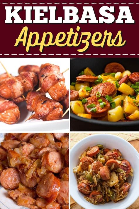 These kielbasa appetizers are guaranteed to please! From bites to cups to kabobs, your guests will gobble these snacks right up. Kiebalsa Appetizers, Smoked Sausage Appetizer Recipes, Appetizer Recipes Kilbasa, Keibasa Sausage Appetizers, Kielbasa Appetizers For Party, Kabasa Appetizers, Kielbasa Recipes Appetizers, Kilbasa Sausage Recipes Appetizers, Kielbasa Appetizer Recipes