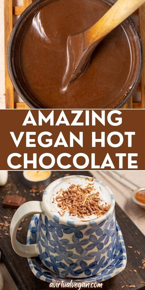 Luxurious Vegan Hot Chocolate for a very delicious homemade treat yourself moment. It's hot, very rich, sweet, ridiculously thick and creamy, and SO satisfying! Dessert In A Mug, Vegan Drinks Recipes, Gf Sweets, Blueberry Crumble Bars, Vegan Hot Chocolate, Vegan Whipped Cream, Vegan Drinks, Beverage Recipes, Party Dishes