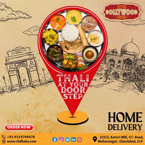 "Experience the Vibrant Flavors of India with our Retro Bollywood Dhaba's Thaali!" "Step back in time with us - a flavorful journey to retro India!" Why wait? Try Now !! Call or Whatsapp us at +91 9319749470 and ORDER NOW ! Visit our website now https://rbdhaba.com/ to explore more!! Feeling Hungry? Zomato it! #BollywoodDhaba #IndianCuisine #ThaaliLove #FlavorsOfIndia #AuthenticTaste #FoodieFaves #SpiceUpYourLife #TasteOfCulture #IndianFoodLove #InstaFoodie #FoodGram #Yummy #Delicious Combo Meal Poster, Indian Food Poster, Burger Bangor, Indian Branding, Tiffin Service, Birthday Banner Background Hd, Brand Poster, Modern Restaurant Design, Franchise Food