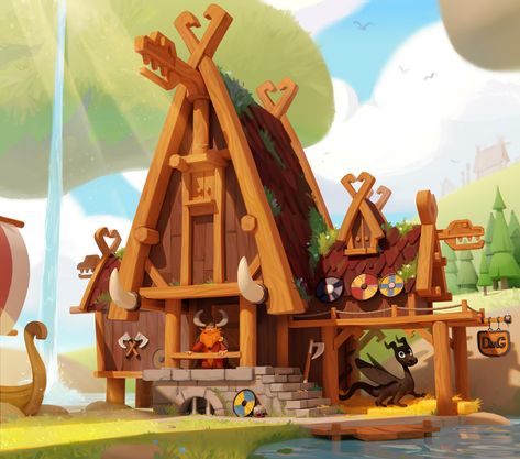 ArtStation - Viking house Viking House, Viking Village, Vikings Game, House Cartoon, 동화 삽화, Scandinavian Architecture, House Games, Cartoon House, Casual Art