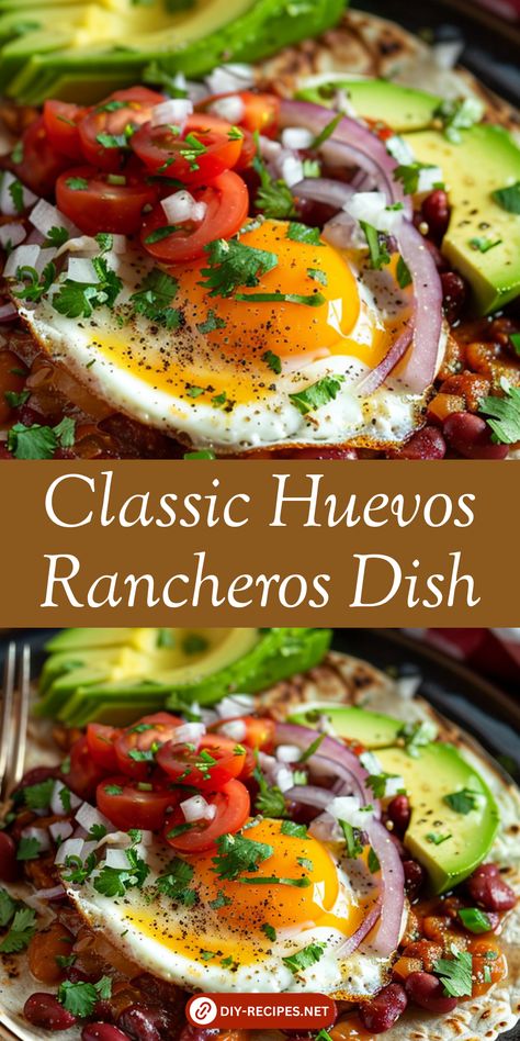 Make this classic Mexican dish at home! Huevos Rancheros with corn tortillas, fried eggs, and ranchero sauce. Garnished with avocado and cilantro for a fresh touch. Breakfast Tostada Huevos Rancheros, Best Huevos Rancheros Recipe, Latin American Breakfast, Egg Rancheros Mexican Breakfast, Mexican Egg Dishes, Eggs And Corn Tortillas, Egg Dinners Recipes Night, Eggs Rancheros Recipe, Breakfast Garnish Ideas