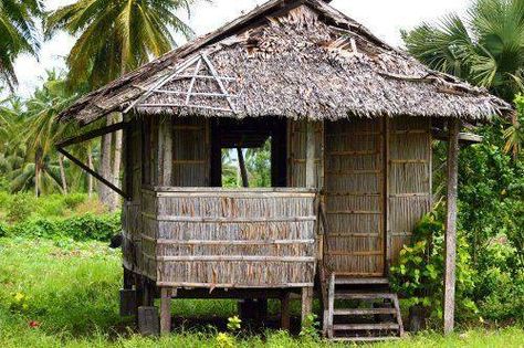 The Nipa hut (Bahay Kubo) is one of the older forms of housing in the Philippines. It is made with materials such as bamboo, coconut wood, cogon grass, and nipa palm leaves and coconut fronds as roof thatching. Most huts are built on stilts due to frequent flooding during the rainy season. Bahay Kubo Photography, Palmas, Pre Colonial Philippines Architecture, Raised Architecture, Small Bahay Kubo Design Philippines, Ifugao House, Bahay Kubo Design Philippines, Filipino Houses, Filipino Tradition