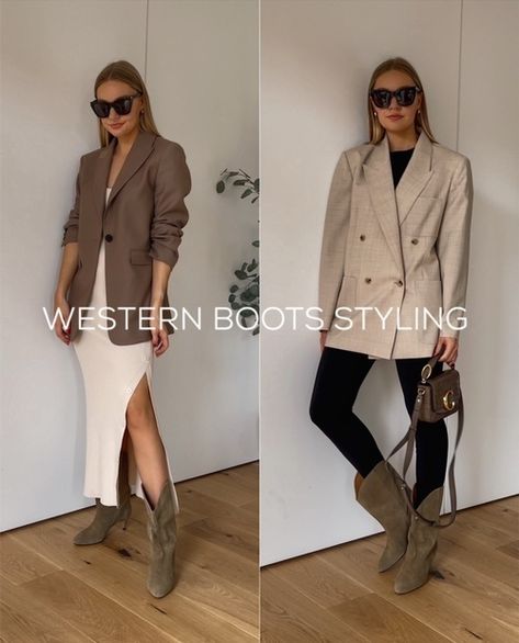 Fashion Look Featuring Isabel Marant Boots and And other stories Dresses by LydiaJaneTomlinson - ShopStyle Marant Boots Outfit, Taupe Cowboy Boots Outfit, Western Boots Office Outfit, Outfits With Ankle Cowboy Boots, Western Boots Outfit 2023, Beige Cowgirl Boots Outfit, Western Boots Outfits Women, Texan Boots Outfit, Isabel Marant Boots Outfit