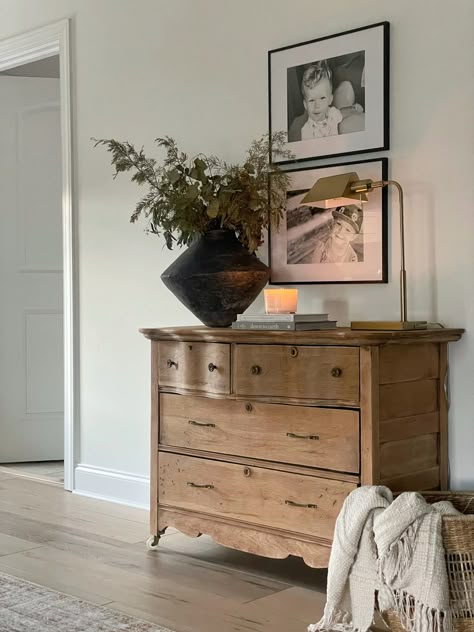 Top Of File Cabinet Decor, Small Dresser Styling, Antique Dresser Living Room, Limewash Dresser, Dresser Under Tv, Vintage Wood Dresser, Dresser Decor Ideas, Living Room Dresser, Transitional Home Decor Ideas