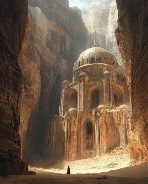 Canyon Cathedral Ruins - abandoned and forgotten church ruins hidden in a deep canyon crevice. - #photoshop #paintover #midjourney #mattepainting #digitalart #digitalpainting #visual #exploration #painting #conceptart #artdirection #illustration #environment #mood #architecture #ruins #rusted #forgotten #canyon #church #cathedral #nature #crumbled #solitude #desert #sun #gorge Desert Ruins Fantasy Art, Cathedral Fantasy Art, Max Hay, Mood Architecture, Cathedral Ruins, Desert Ruins, Dm Resources, Illustration Environment, Canyon Painting