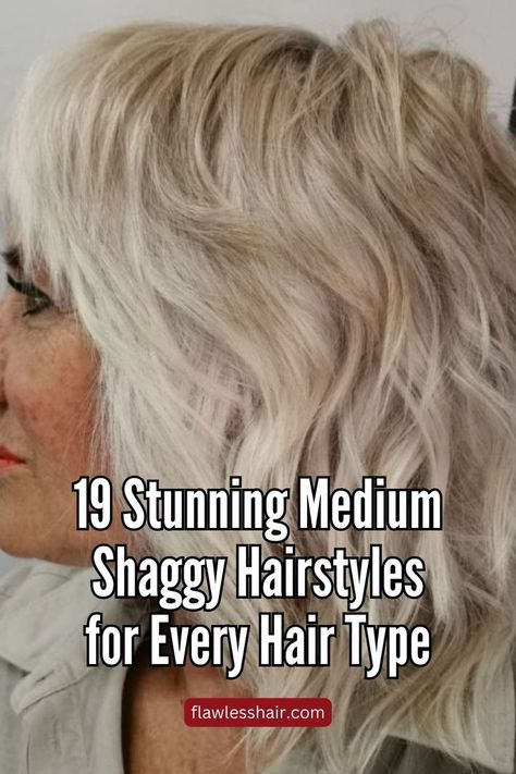 Wavy Mid-Length Shag For Women Over 50 Mid Length Shaggy Bob, Shags For Wavy Hair, Shag Hairstyles Thick Wavy Hair, Easy Shag Haircut, Med Shag Haircut, Mid Length Hair Styles With Bangs, Medium Length Shag Haircuts Modern, Shaggy Wavy Hair Mid Length, Shag Haircuts For Women Over 50