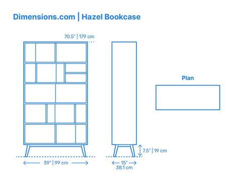 The Hazel Bookcase, sold by Joybird, stands proud in its walnut tones and provides many different sizes of nooks, shelves for display, and a center cabinet for storage. Large and robust, yet maintaining the mid-century feel by balancing on four slanted legs, the Hazel Bookcase blends in effortlessly in classic and contemporary spaces. Downloads online #furniture #bookcases #storage Book Shelf Dimensions, Bookcase Dimensions, Furniture Bookcases, Shelves For Display, Mid Century Modern Bookshelf, Storage Unit Design, Flat Plan, Kindergarten Interior, Bookshelf Plans