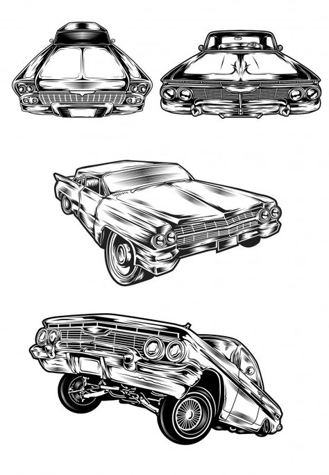 Low Rider Cars, Lowrider Drawings, Lowrider Tattoo, Retro Concept, Cars Vector, Egyptian Tattoo Sleeve, Tattoo Apprenticeship, Card Tattoo Designs, Gangsta Tattoos