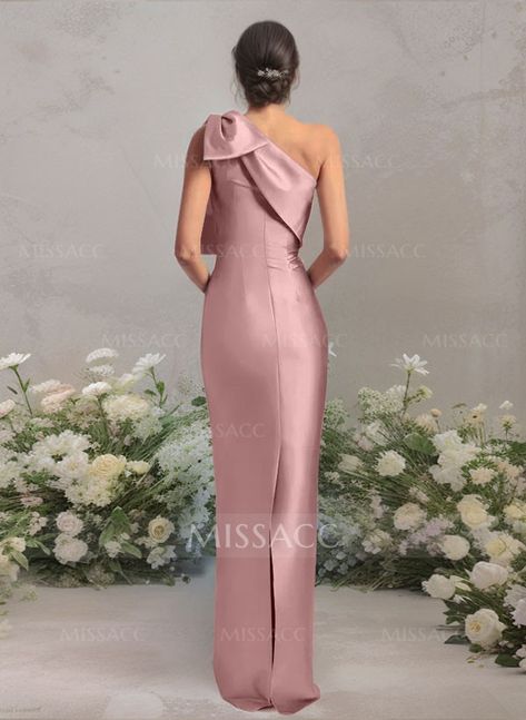 Sheath/Column One-Shoulder Satin Bridesmaid Dresses With Bow(s) One Shoulder Bow Bridesmaid Dress, Bow Gown Design, Bridesmaid Dresses With Bow, Satin Frock, Dresses With Bow, Uzun Boy, Weddings Idea, Bridesmaid Dresses Satin, Sparkle Wedding Dress