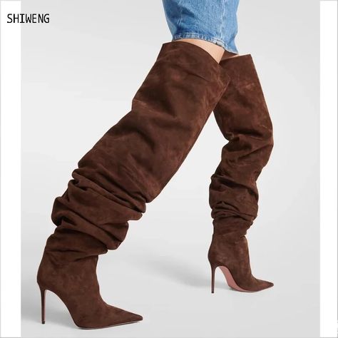 VC Shoes Fashion Brown Over Knee Sleeve Boots Women's Sexy Nightclub Stage Runway Boots Denim Folds Long Boots 44 Amina Muaddi Boots, Sleeve Boots, Womens High Heel Boots, Brown High Heels, Heel Boots For Women, European Shoes, Knee Sleeves, Brown Ankle Boots, Long Boots