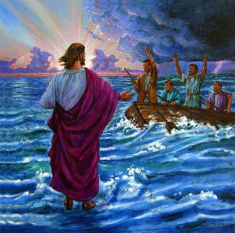 Peter Walks On Water, Jesus Walking, Psalm 93, Biblical Artwork, Holy Saturday, Bible Verse Wall Decor, Jesus Christ Artwork, Catholic Images, Vbs Crafts