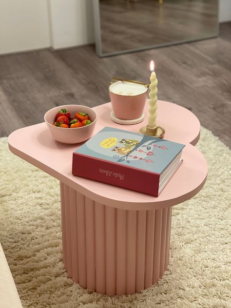 Baby Pink Heart  Unique side table handcrafted for you by me.  The table is very well protected from the inside with a hand-made wooden structure.  Fluted legs table are made of wooden mouldings.  The table top is made of plywood (MDF board) and painted with acrylic paint.  The table can be painted in any colour you wish. Just text me and we will try to find a perfectly matching colour especially for you.  It is also possible to personalise the table in terms of height and width of the top.  You Unique Shape Coffee Table, Heart Side Table, Fun Coffee Tables, Pink End Table, Hot Pink Side Table, Side Table Aesthetic, Cute Tables, Muebles Aesthetic, Funky Coffee Table