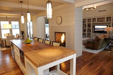 contemporary kitchen by New Urban Home Builders Kitchen Design With Fireplace, 2 Sided Fireplace Living Room, Hearth Room Off Kitchen With Fireplace, Fireplace Between Kitchen And Living, Dual Sided Fireplace, Two Way Fireplace, Fireplace Sunroom, Beach Style Kitchen, Two Sided Fireplace