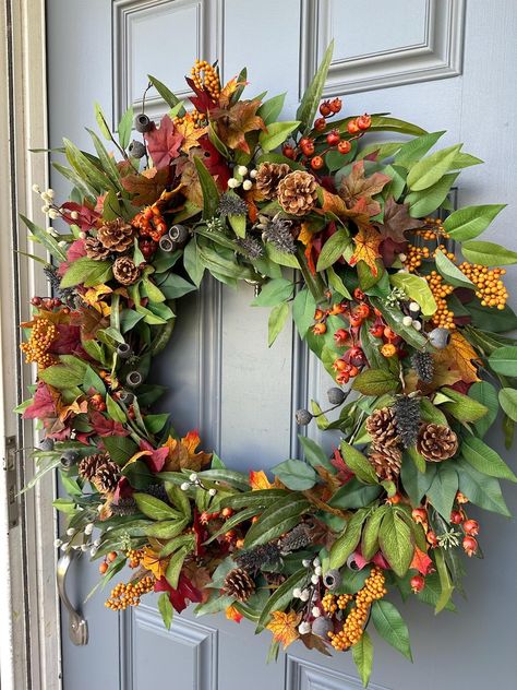 Fall Front Door Eucalyptus Wreath, Autumn Wreath, Thanksgiving Hostess Gift, Harvest Wreath, Fall Foliage Porch Decor, Housewarming Gift. - Etsy Seasonal Crafts Diy, Autumnal Wreath, Thanksgiving Hostess, Hostess Gifts Thanksgiving, Fall Decor Wreaths, Swag Ideas, Autumn Wreaths For Front Door, Harvest Wreath, Fall Front Door