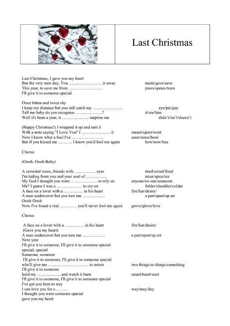 Song Worksheet: Last Christmas by Wham Last Christmas Song, Last Christmas Lyrics, New Year Songs, Back To School Art Activity, Song Worksheet, Christmas Worksheet, New Years Song, Holiday Facts, Christmas Songs Lyrics