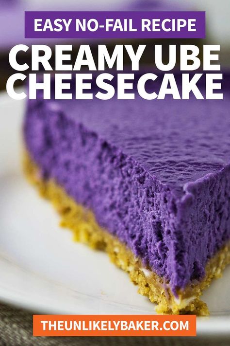 Try this luxurious ube cheesecake on a bed of crunchy coconut cookie crust topped with creamy coconut whipped cream. It’s cheesecake like you’ve never had before! Delicious and so easy to make. Loved by thousands of home bakers. Perfect for every celebration. Pie, No Bake Ube Cheesecake Recipe, Ube Desserts Recipes Easy, No Bake Ube Cheesecake, Ube Condensed Milk Recipe, Easy Filipino Desserts, Coconut Cheesecake Recipes, Ube Desserts Recipes, Ube Pie Recipe