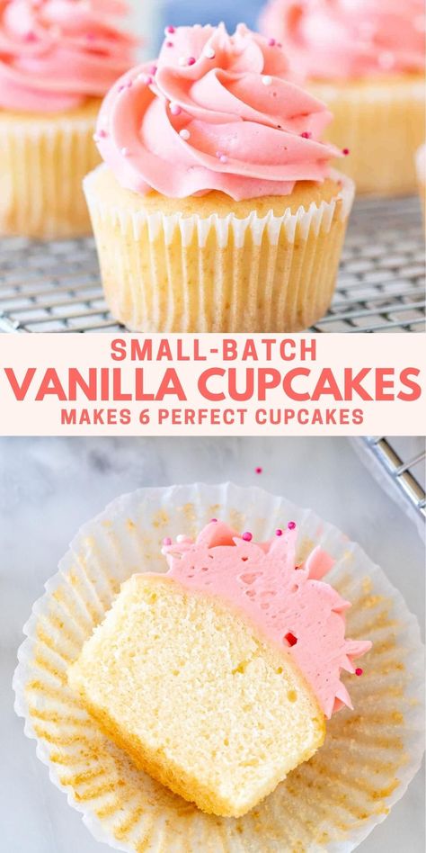 This perfect small-batch vanilla cupcake recipe makes just 6 perfect cupcakes. They're moist and tender with the most delicious vanilla flavor #cupcakes #smallbatch #halfbatch #halfdozen #vanillacupcakes #recipe from Just So Tasty https://www.justsotasty.com/small-batch-vanilla-cupcakes/ Small Batch Vanilla Cake, Small Batch Cake Recipe, Small Batch Vanilla Cupcakes, Vanilla Frosting For Cupcakes, Small Batch Cupcakes, Creamy Vanilla Frosting, Easy Vanilla Frosting, Perfect Cupcakes, Easy Vanilla Cupcakes