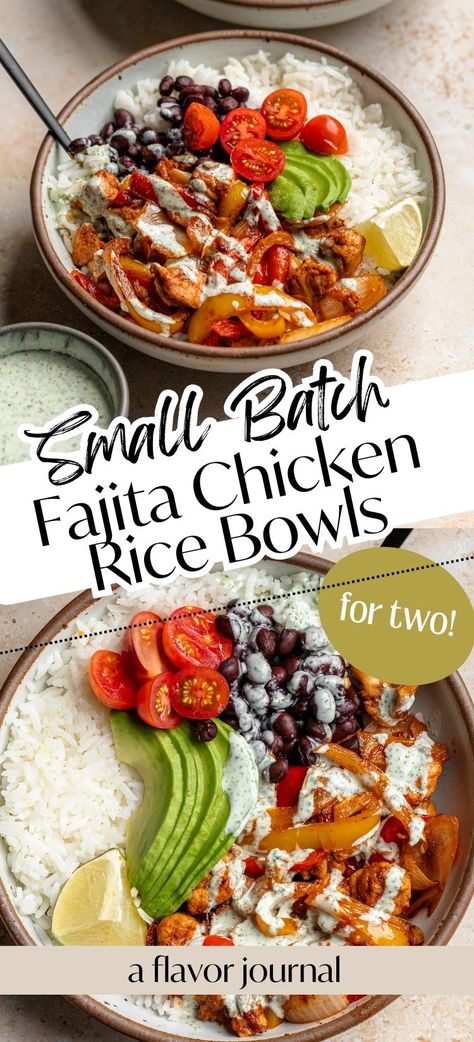 Fajita Chicken Rice Bowls (Small Batch) - A Flavor Journal Chicken Fajita Bowl Recipe, Chicken Fajita Rice Bowl Recipe, Chicken Fajita Rice Bowl, Fajita Rice Bowl, Chicken Fajita Rice, Fajita Bowl Recipe, Fajita Rice, Dates At Home, Turkey Dinner Recipes