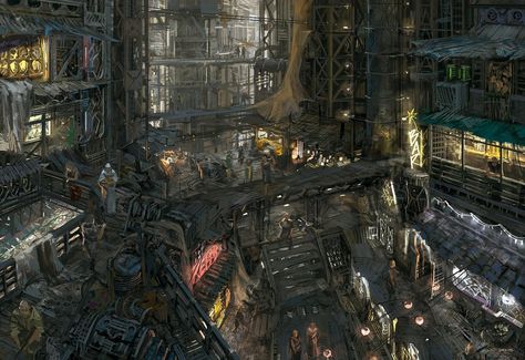 Street scene in Lower Dura, Sharn Underground City, Sci Fi Landscape, Cyberpunk Rpg, Future Cities, Shanty Town, Concept Art World, Sci Fi Environment, Underground Cities, Sci Fi Films