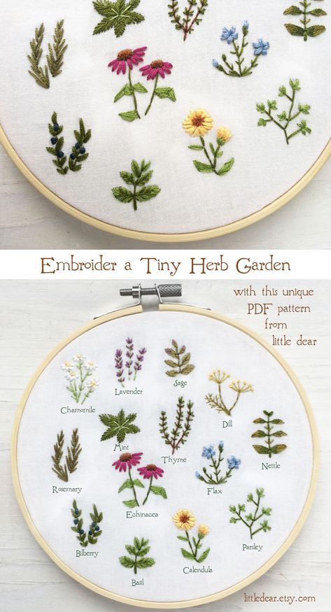 Stitch up a miniature herb garden with this beautiful hand embroidery pattern from little dear.  #embroiderypattern #handembroidery #embroiderydesign #embroideryhoopart #tinyembroidery #miniembroidery Herb Embroidery, Garden Embroidery, Miniature Embroidery, Embroidery Lessons, Basic Embroidery Stitches, Hand Embroidery Tutorial, Embroidery Stitches Tutorial, Hand Embroidery Projects, Hand Embroidery Flowers