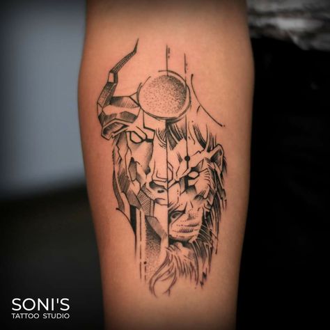 Lion Bull Tattoo, Mens Taurus Tattoo, Bull And Lion Tattoo, Taurus Zodiac Tattoo Men, Taurus And Leo Tattoo Together, Lion And Bull Tattoo, Leo Taurus Tattoo, Capricorn Leo Tattoo, Taurus Leo Tattoo