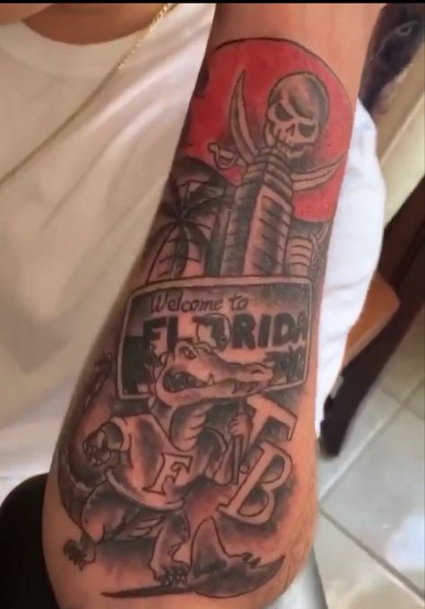 This tattoo is an idea of what a florida theme tattoo would be Florida Theme Tattoo, Florida Sleeve Tattoo, Florida Tattoos For Men, 305 Tattoo Miami, Florida Tattoo Ideas For Men, Florida Themed Tattoos, Florida Tattoo Ideas, Forearm Tattoo Ideas For Men, Florida Tattoo