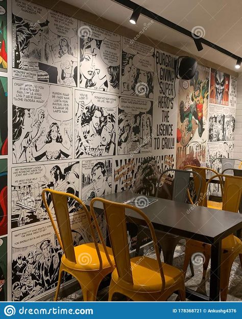 Cafe Interior Design , Comic Wall Design Editorial Photo - Image of industrialstyle, comic: 178368721 Comic Interior Design, Comic Book Interior Design, Comic Shop Interior, Comics On Wall, Pop Art Cafe Interior, Comic Brick Wall, Comic Book Wall Art Murals, Barbie Hotel, Airport Restaurant