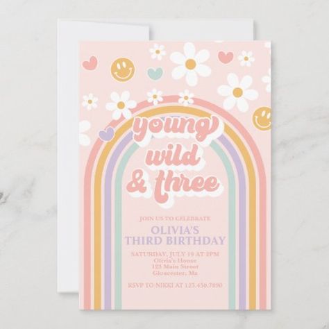 $2.98 | Retro Young Wild and Three Birthday Invitation #retro, hippie, rainbow, pink, purple, hearts, groovy, young wild and three, third birthday Third Birthday Girl, 10th Birthday Invitation, Third Birthday Invitations, Retro Invitation, Rainbow Birthday Invitations, Third Birthday Party, Birthday Napkins, 2nd Birthday Invitations, Retro Birthday