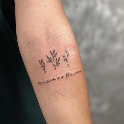 Cute Fore Arm Tattoos For Women, Bloom And Grow Tattoo, Flowers Grow In The Valley Tattoo, Floral Word Tattoo, Dainty Inner Arm Tattoos For Women, Fine Line Tattoo On Arm, Tattoo On Inner Elbow, Flower Tattoos Colorful, Tattoos For Back Of Arm