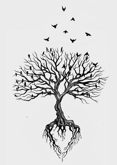 20+ Tree Drawing & Painting Ideas · Brighter Craft Tattoo Tree, Tattoo Bird, Family Tree Tattoo, Tattoo Leg, Siluete Umane, Geniale Tattoos, Tree Of Life Tattoo, Bird Tattoo, Wings Tattoo