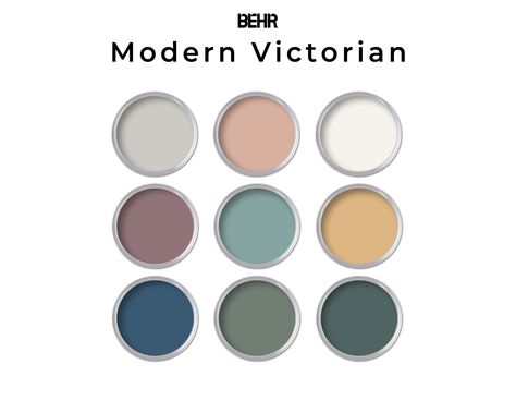 Modern Victorian Behr paint color palette is a sophisticated blend of rich jewel tones, muted neutrals, and bold pops of color. Picking the perfect paint color for your home should be a fun and easy experience! My paint color palette includes nine coordinating colors that are complementary to each other and work together for a cohesive look for your home. Paint Color Palette Package Includes: * 9 Designer selected paint colors. * Coordinating scheme selected by design professional. * Recommendat Victorian Color Palette Exterior, Victorian Colour Palette, Victorian Color Palette Interiors, Modern Victorian Paint Colors, Craft Room Color Scheme, Modern Victorian Color Palette, Color Pallets For The Home, French Color Palette, Victorian Exterior Color Schemes