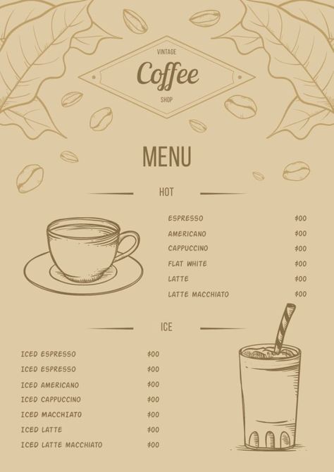 Hand-drawn Vintage Ice & Hot Coffee Shop Menu Vintage Cafe Menu Design, Coffee Shop Vintage Design, Cafe Menu Drawing, Ideas De Cafeterias Vintage, Cafe Menu Design Layout, Coffee Menu Ideas, Menu Coffee Design, Coffee Shop Menu Ideas, Menu Cafeteria