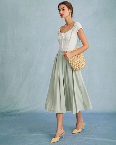 Light Green Skirt Outfit, Green Skirt Outfit, Light Green Skirt, Green Skirt Outfits, Pleated A Line Skirt, Elastic Skirt, High Waisted Pleated Skirt, Line Skirt, Women's Skirts