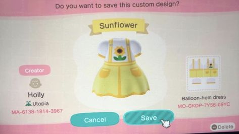 Sunflower Dress Animal Crossing, Sunflower Animal Crossing, Acnh Sunflower, Dress Animal Crossing, Acnh Cottagecore, Acnh Clothes, Acnh Codes, Sunflower Dress, Animal Crossing Game