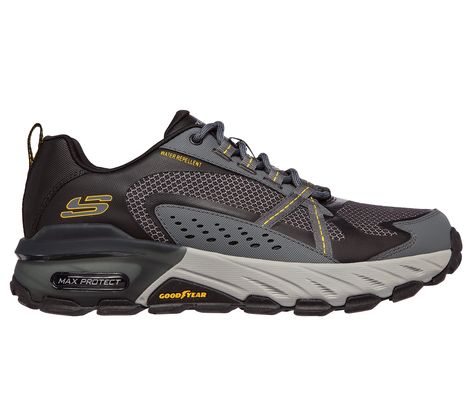 Stride through the day with durable comfort in Skechers Max Protect. This lace-up features a water-resistant leather and mesh upper, Skechers Air-Cooled Memory Foam insole and a Goodyear performance outsole. | Skechers Men's Max Protect Sneaker Sneaker Displays, Gentleman Shoes, Mens Skechers, Wide Fit Shoes, Mens Casual Dress Outfits, Mens Boots Fashion, Mens Trainers, Skechers Shoes, Outdoor Shoes